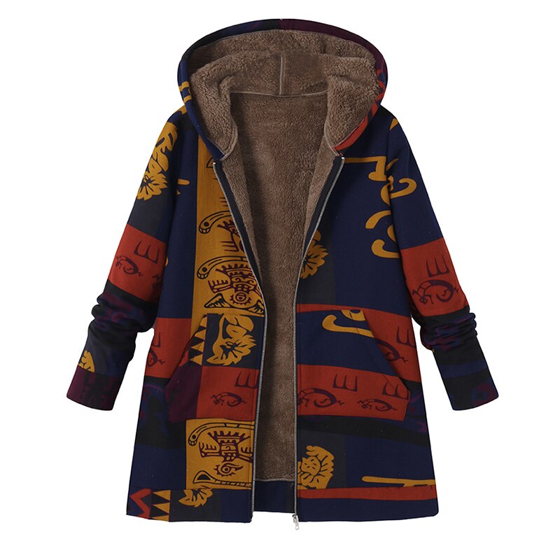 Plus Size ZANZEA Winter Herfst Lange Mouw Basic Bovenkleding Vrouwen Retro Hooded Etnische Gedrukt Faux Pluizige Dunne Jas Jassen