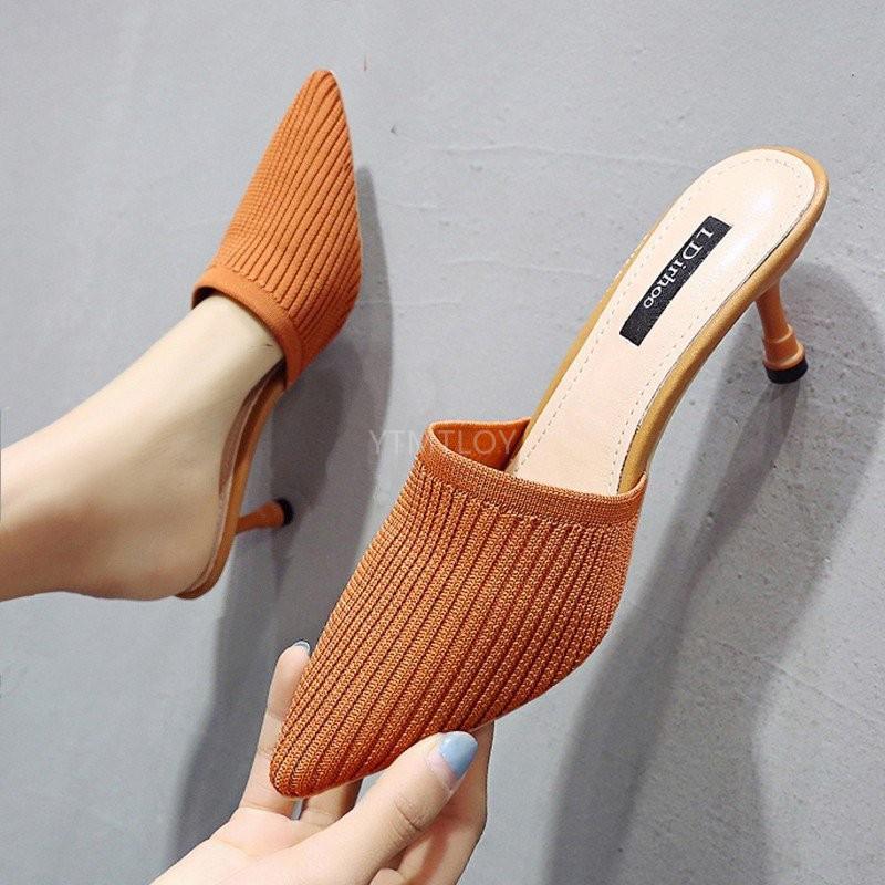 Tricoté élastique Mules pantoufles maison femmes à talons hauts femme chaussette chaussures été Designers Zapatillas Mujer Casa