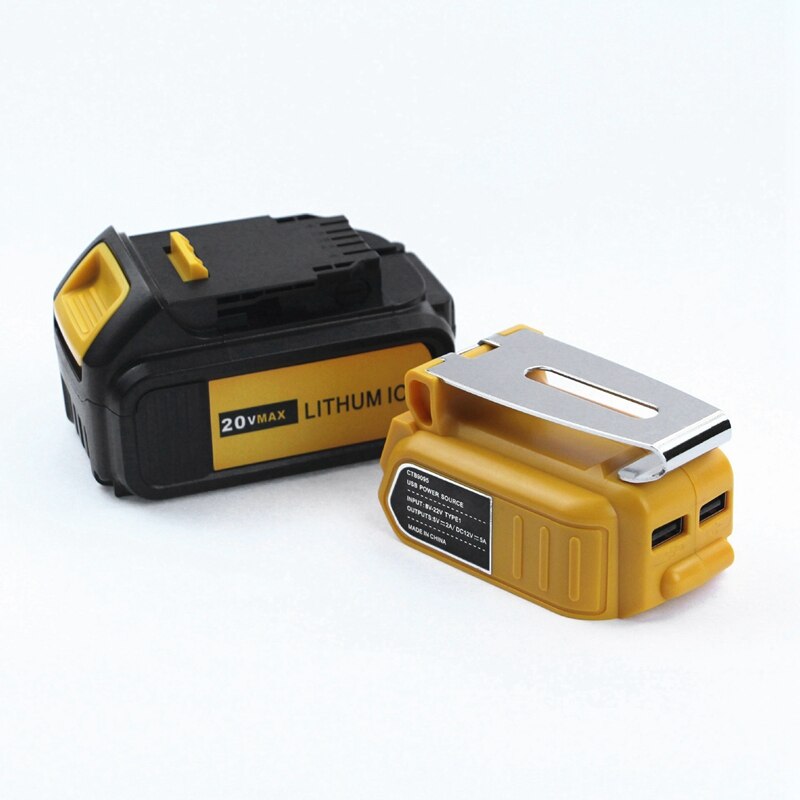 USB Converter Charger for DEWALT with 5A DC Interface 20V Li-Ion Battery Converter with Dual USB and Clip