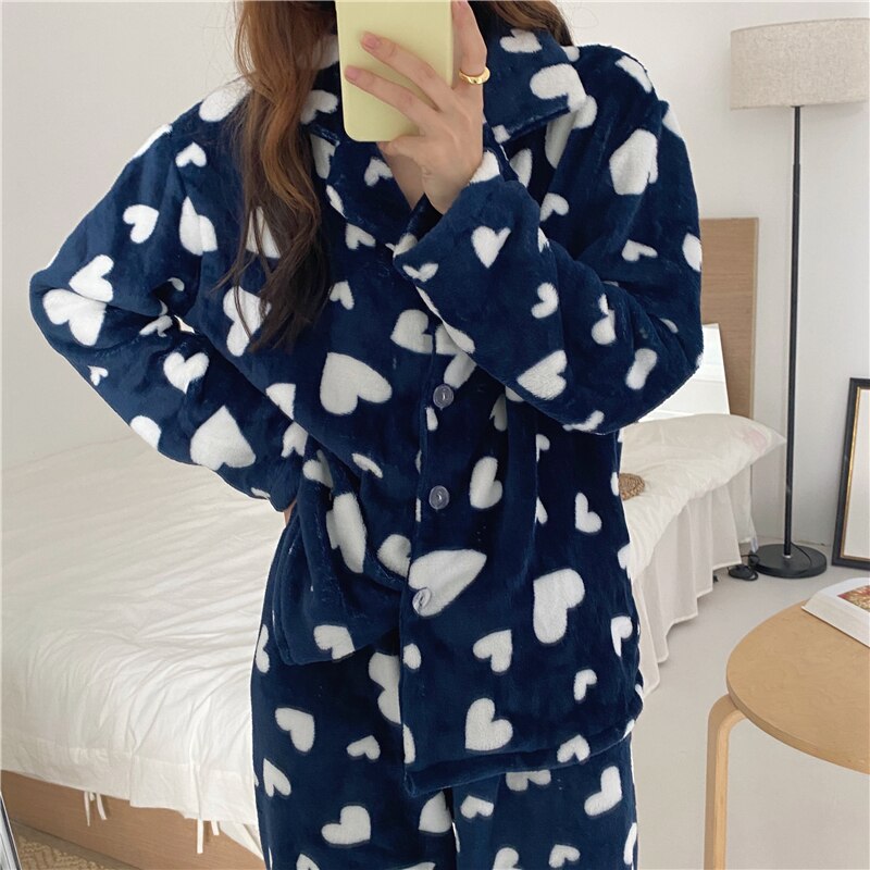 winter warm cardigans pajamas set cute home set long sleeve jacket elastic pants pijamas 2 piece set home clothes tops coat: Blue