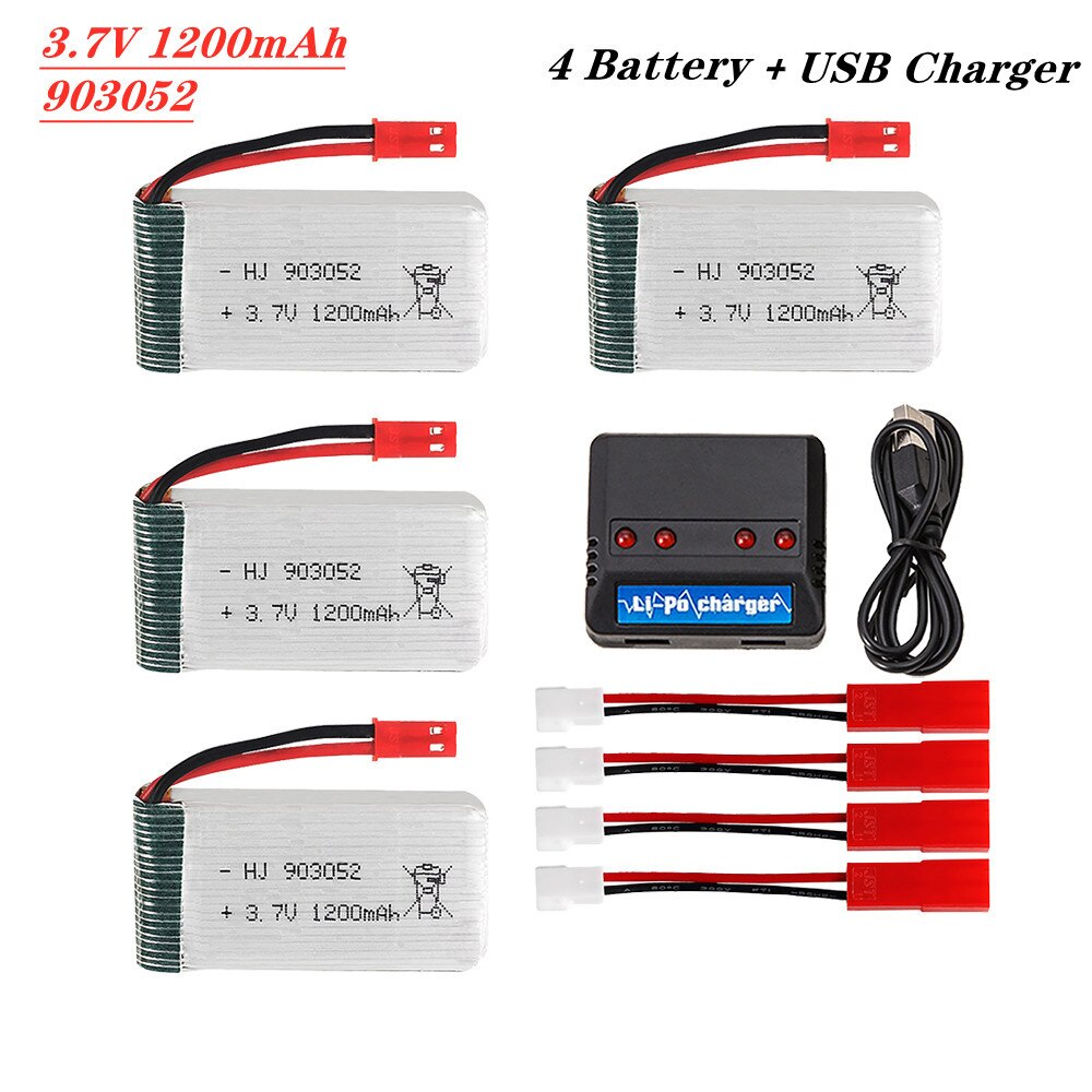 Batería Lipo de 3,7 V y 1200mAh, conector JST 903052 y juego de cargador 4 en 1 para baterías H11D H11C Helicóptero De Control Remoto de aviones