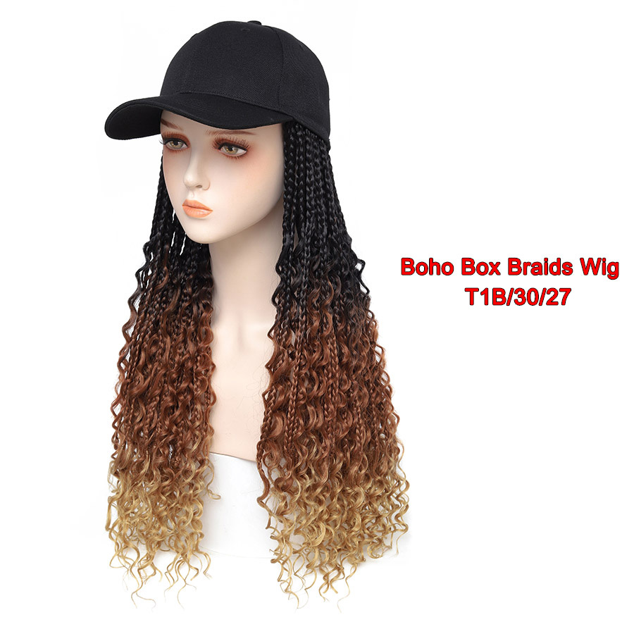 TOMO-gorra de béisbol con extensiones de pelo de ganchillo para mujer, sombrero ajustable con peluca sintética, trenzas de caja rizadas adjuntas: T1B/613 / 20 pulgadas