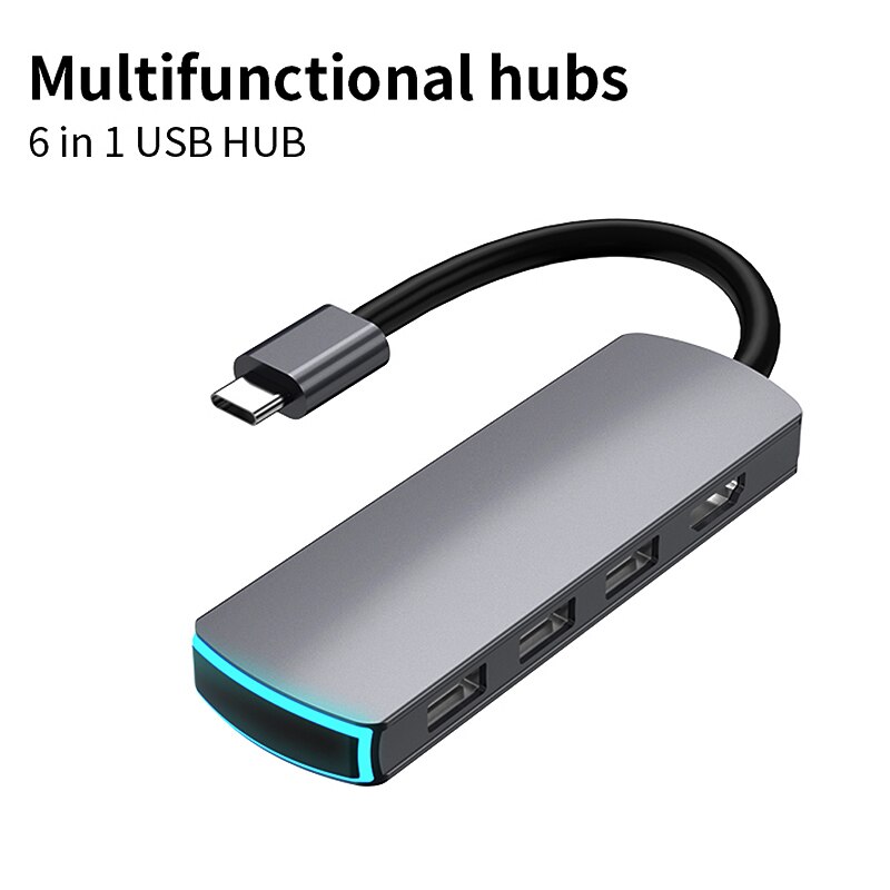 6 In 1 Usb C Laptop Docking Station 3 Usb 3.0 + 4K Hdmi + Tf + Sd type C Poorten Dock Usb Hub/Type C Data Hub