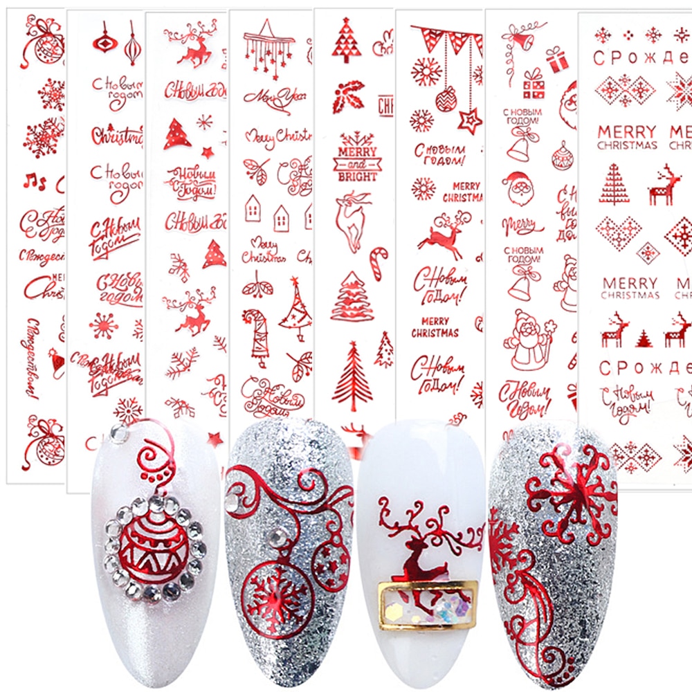 Nail Art Stickers Transfers Xmas Vrolijk Kerstfeest Kerstman Collection Decor Rood Sneeuw Ballon Naklejki Na Paznokcie Nail Decals