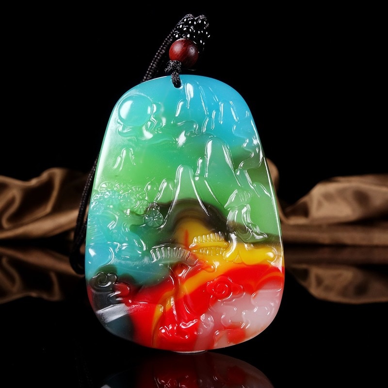 Natural Color Jade Landscape Pendant Necklace Chinese Hand-Carved Charm Jewelry Accessories Amulet for Men Women