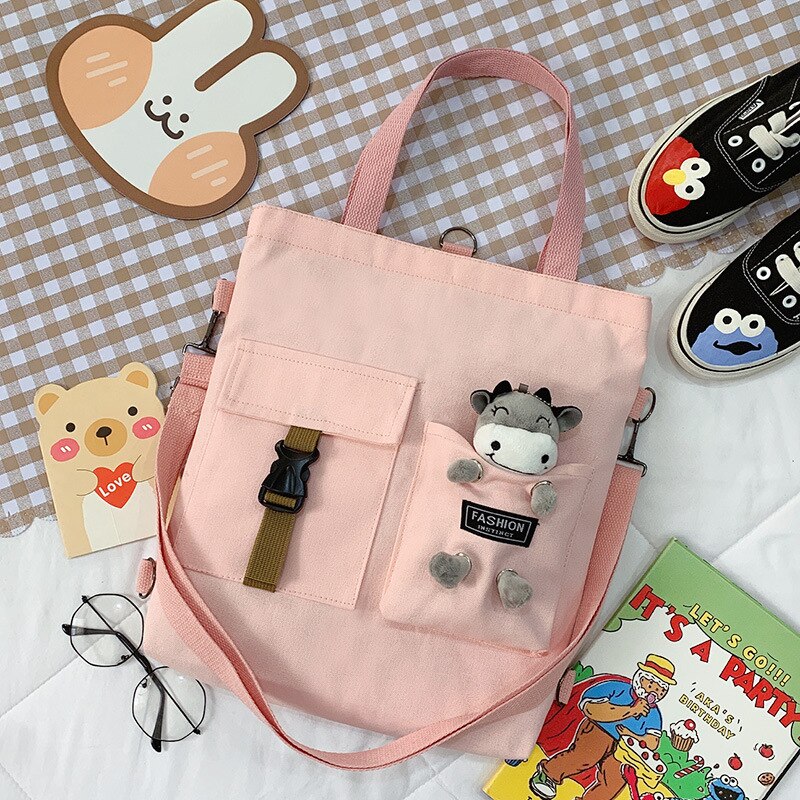 Cute Animal Canvas Bag Backpack Girl Student Single Shoulder Bag Literary Tote Bag: calf3