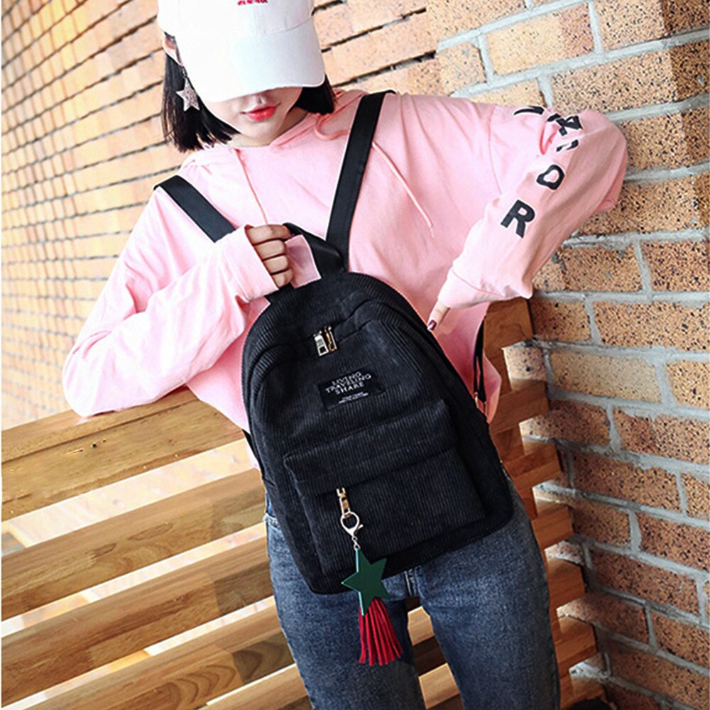Moda feminina lona borla sacos de escola mochila de viagem mochila feminina mini mochila morrales para mujer #25: Black