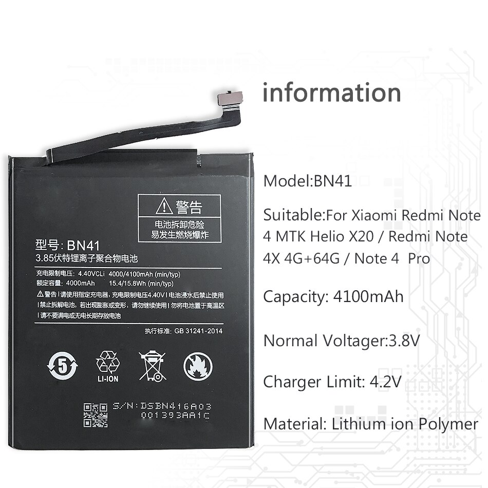 Battery BN41 For Xiaomi Redmi Note 4 MTK Helio X20 / For Redmi Note 4X Pro 4G+64G 4100mAh Replacement Battery