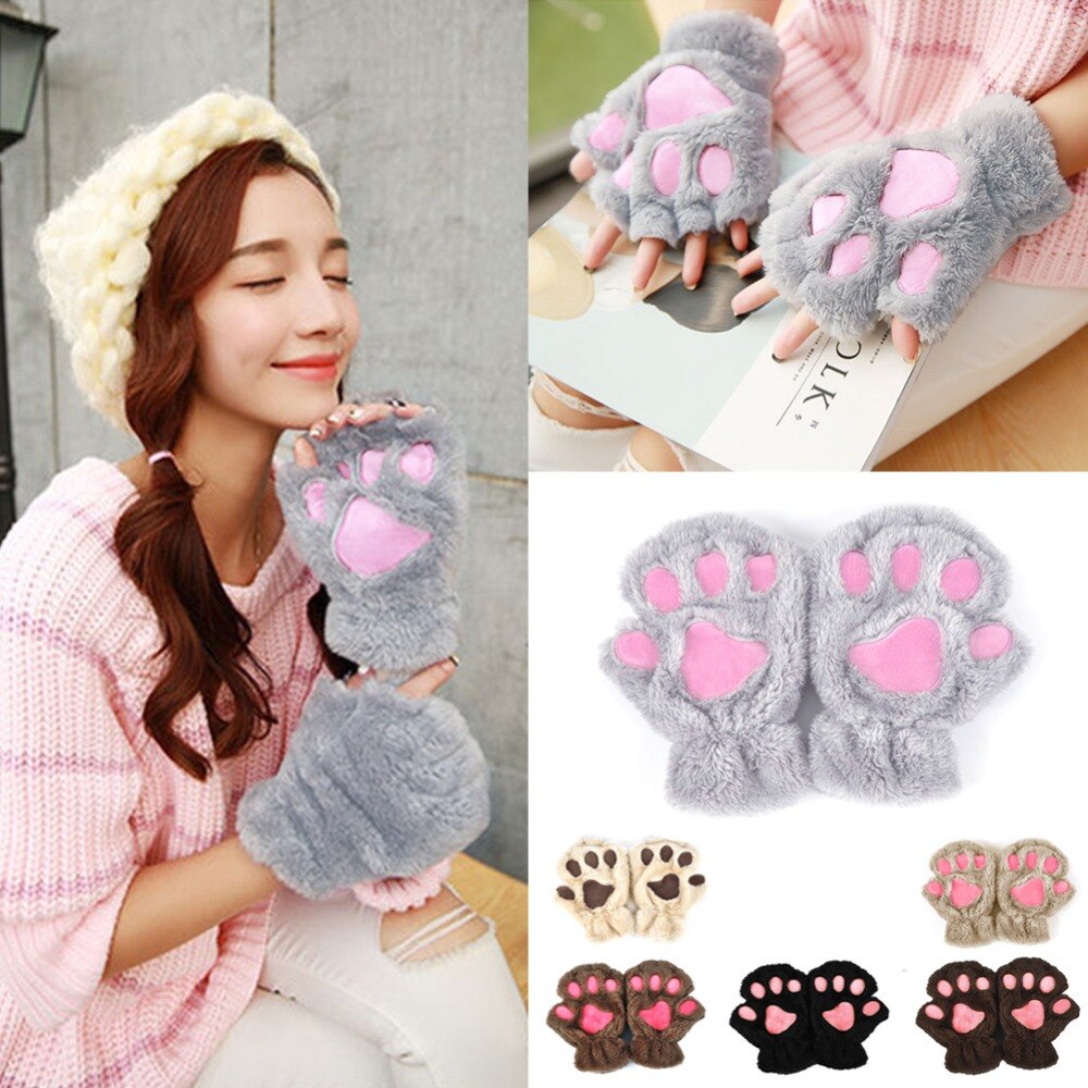 Winter Women Cute Cat Paw Claw Plush Mittens Short Fingerless Finger Half Gloves -Y107