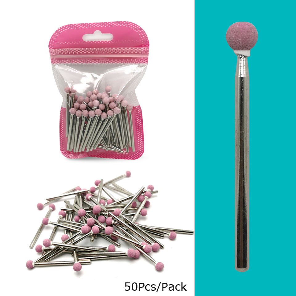 Hytoos 50 stk korund søm bor 3/32 &quot; roterende keramiske sten burr manicure cutters bore tilbehør neglebånd negle møller værktøj: Pinkball (50d)