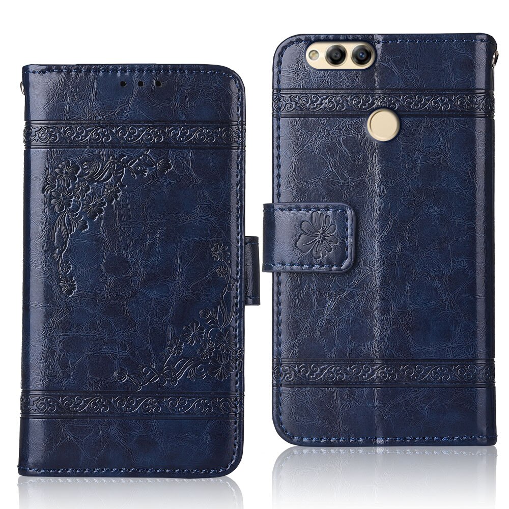 Honor 7x bnd -l21 fodral flip wallet läder bokfodral för på huawei honor 7 x 7x baksida för huawei bnd -l21 7x coque: Oljeblå