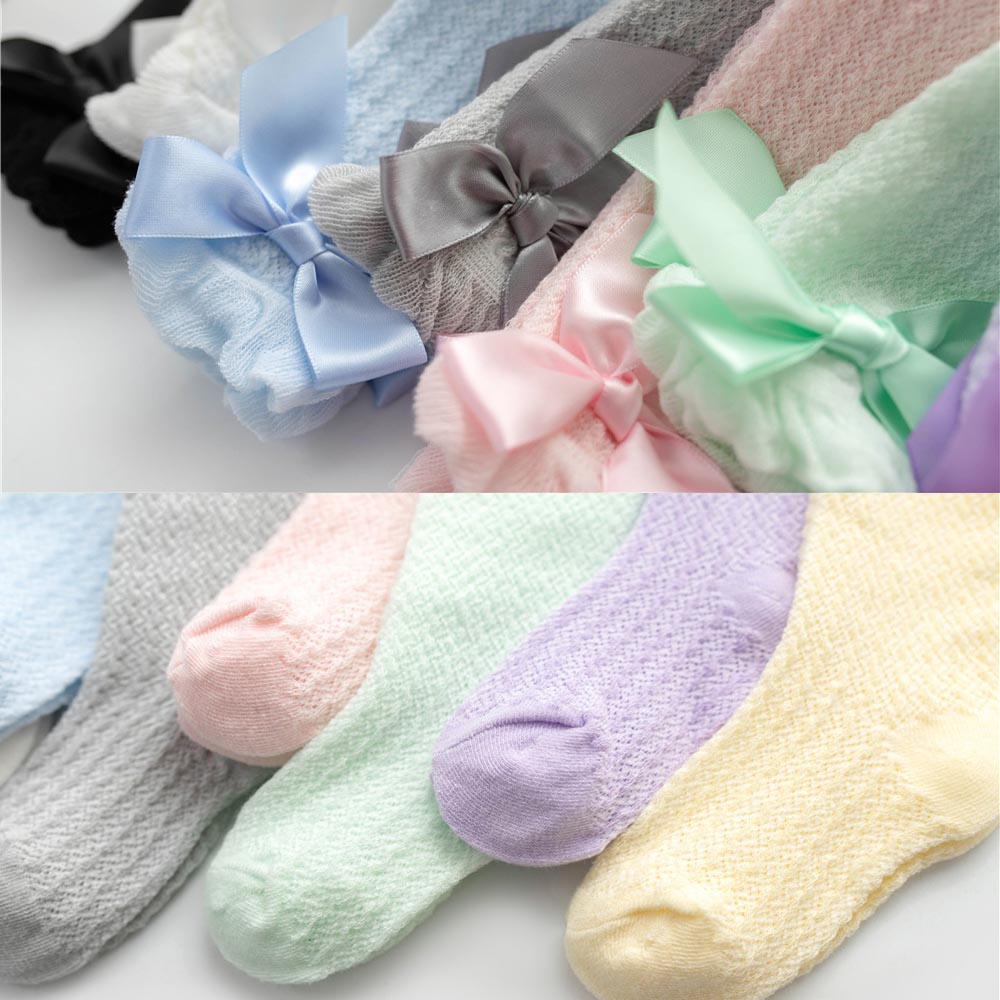 Calzini per neonato estivi calzini per bambini in cotone morbido al ginocchio calze a rete Bowknot calze per neonati traspiranti calze lunghe rosa bianco