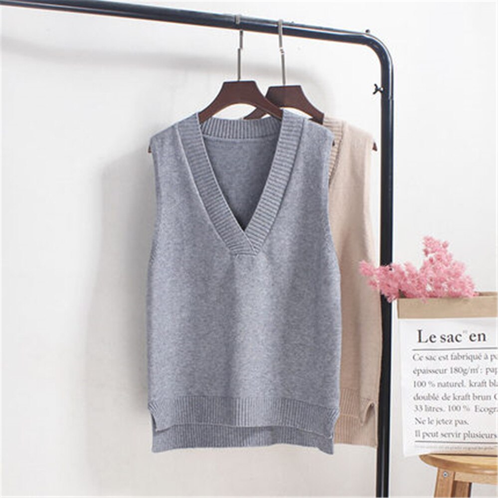 V-hals strikket vest dame sweater efterår og vinter koreansk løs vild sweater vest ærmeløs sweater  pz3544: Grå