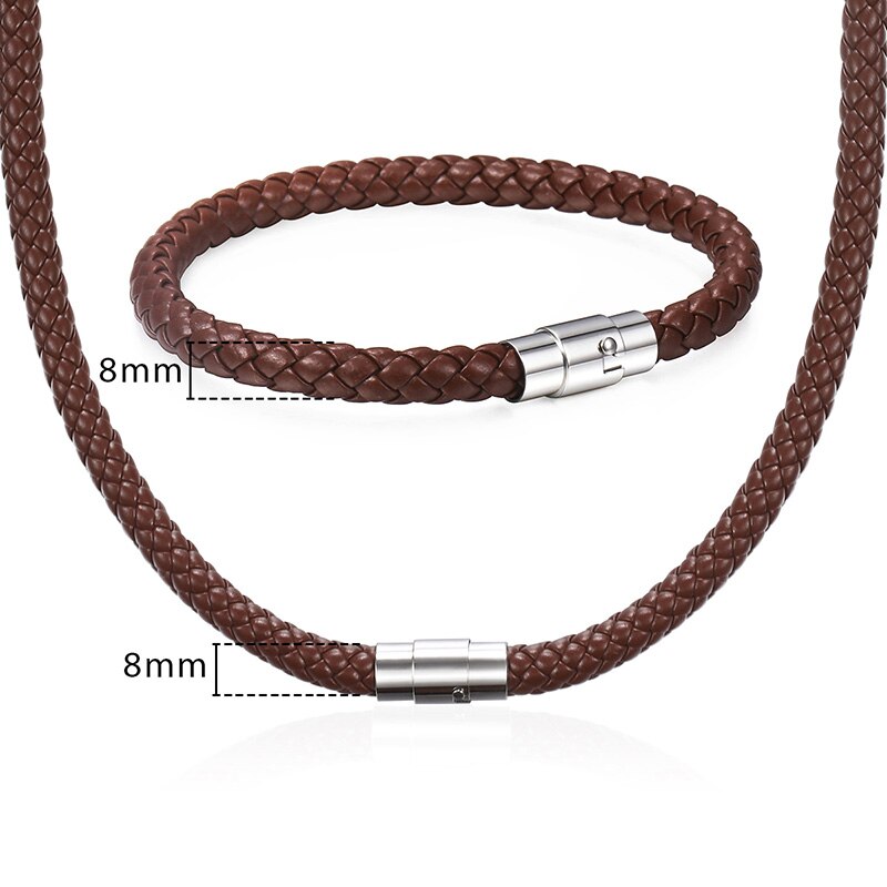 Davieslee Men Women&#39;s Leather Jewelry Set Black Brown Braided Rope Leather Bracelet Necklace Set Jewelry 4 6 8mm DUSM04: 8mm Brown / 18inch and 9inch