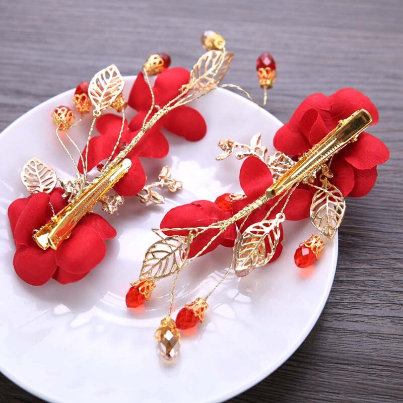 1pc Classic Chinese Red Flower Bride Hair Pins Hair Jewelry Women Girl Hairpin Tiara Barrette Bridal Wedding Hair Accessories LB