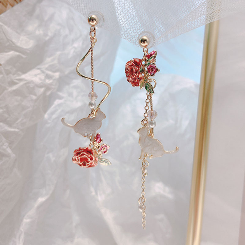 Rosenblad øredobber til kvinner krystall rhinestone blomst lang skumring dingle øredobber kvinnelig bryllupsfest smykker gi: Asymmetrisk blomst -2