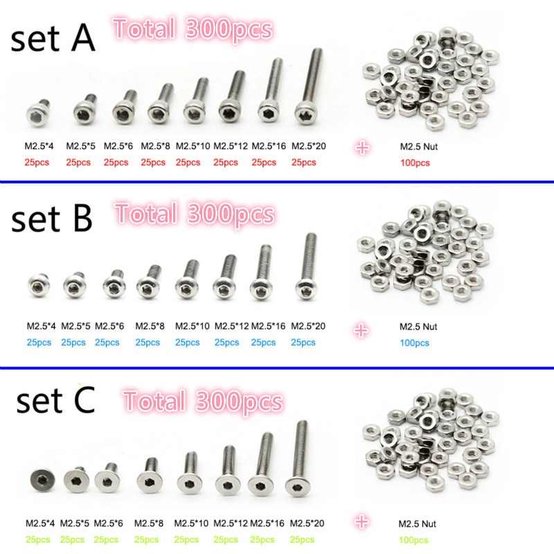 Hoge 300 Stuks M2.5 A2 Rvs Schroeven Allen Bouten Hex Knop Platte Inbusbouten Met noten Set Combinatie