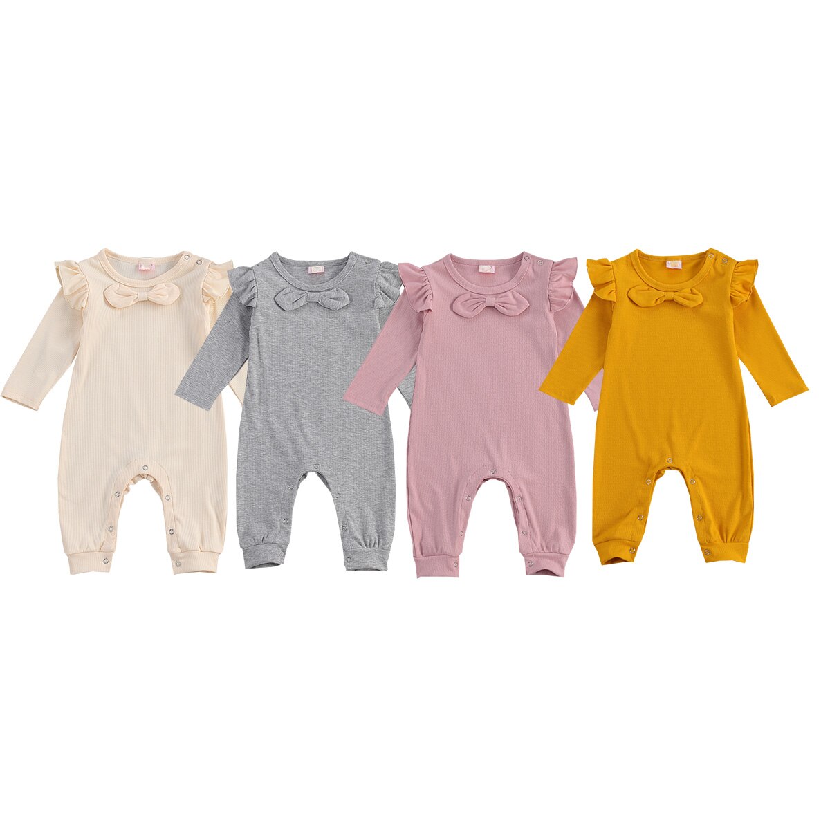 Baby Baby Meisjes Effen Kleur Geribbelde Jumpsuit Peuter Jongen Meisje Lange Flying Mouwen Boog Geribbelde Romper Strikje Knop Broek