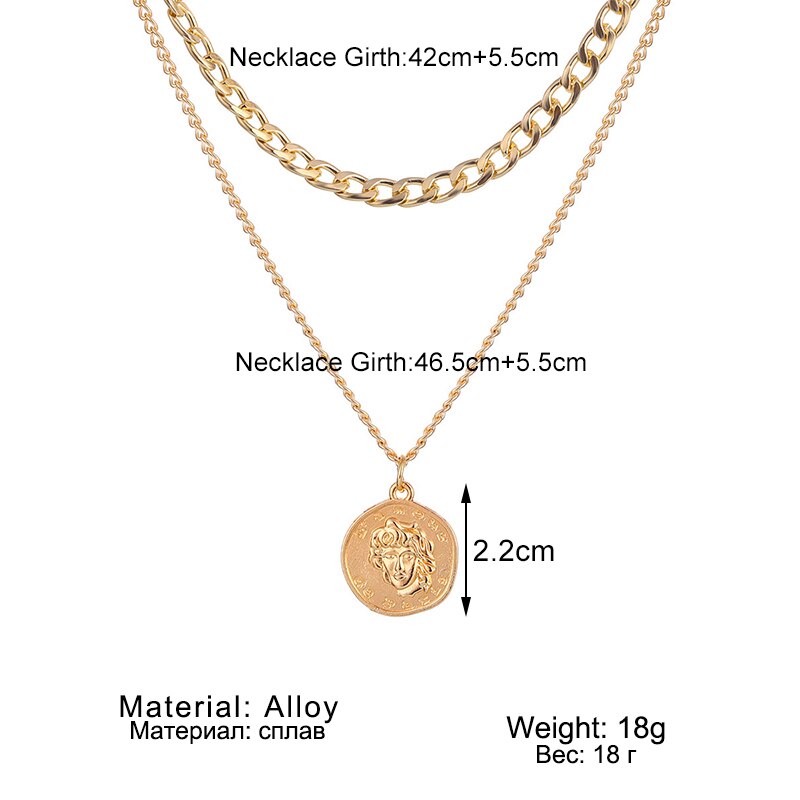VKME Retro Coin Silver Gold Chain Necklace For Women Multi-layer Geometric Round Pendant Silver Choker Necklaces Jewelry