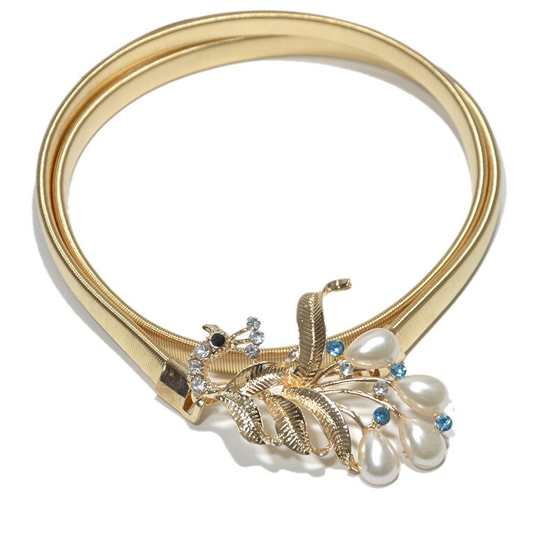 Womens Elastic Metal Waist Belts Women Silver Gold Chain Belts Female Heart Buckle Belts For Ladies Dresses: Peacock3