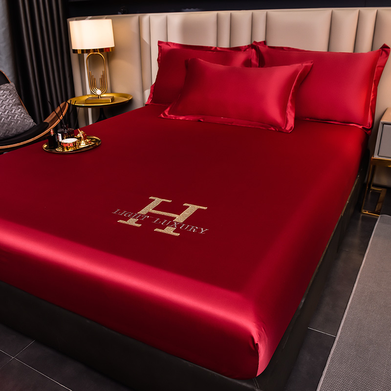 High-end Satin Fitted Sheet with Elastic Band Solid Color Silky Bed Sheet Smooth Non-Slip Mattress Cover Bedspreads Bed Linen: 240x280cm / Red
