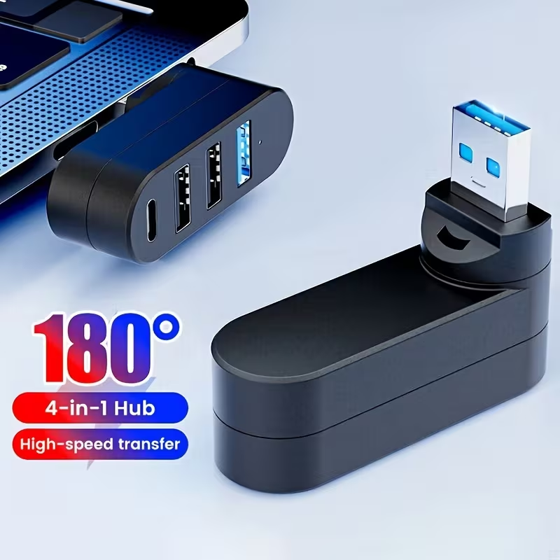 4-poorts USB 3.0-hub [90 ° , 180 ° Draaibare USB-splitter, 3 USB-poorten en 1 USB-C voedings-/gegevenspoort, USB-verlenger voor laptops, auto's