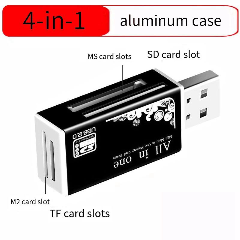 Lector de tarjetas de memoria 4 en 1 TF Micro M2 SD MS, adaptador USB 2,0 MMC de alta velocidad para ordenador portátil, Pc de escritorio, altavoz para vehículo: Negro