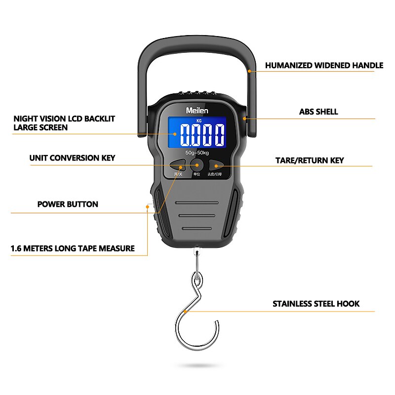 Weiheng 50kg Portable Digital Hanging Scale With Lighted LCD – Orange – WH-A03