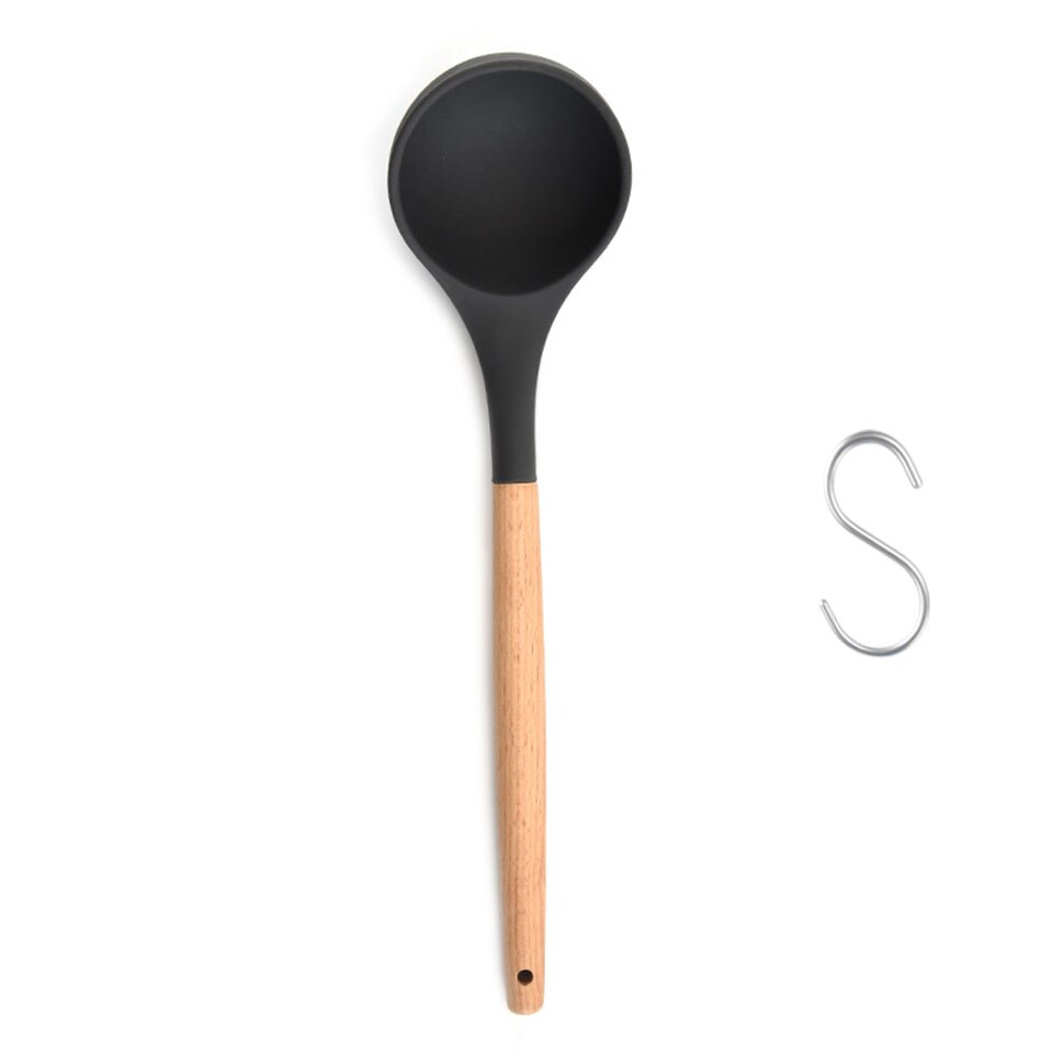 Silicone Kitchen Soup Spoon Cooking Spoons Wood Handle Spoon Kitchen Accessori: Black