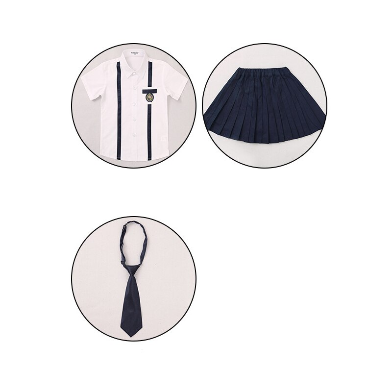 Uniformes escolares japoneses coreanos de algodón para niños y niñas, camiseta blanca, Falda plisada azul marino, pantalones cortos, conjuntos de trajes para estudiantes: girls set / 150cm height