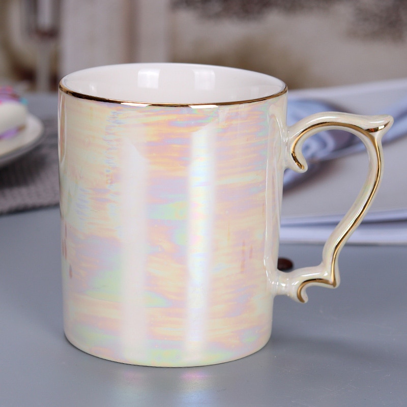 Pearl glaze gold handle mug coffee cup advanced mug rainbow glazed ceramic cup,simple Nordic teacup Drinkware
