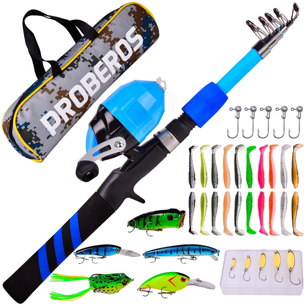 Proberos Kids Hengel Set Volledige Kits Met Telescopische Hengel En Casting Reel Aas Haken Zoutwater Reizen Pole Set