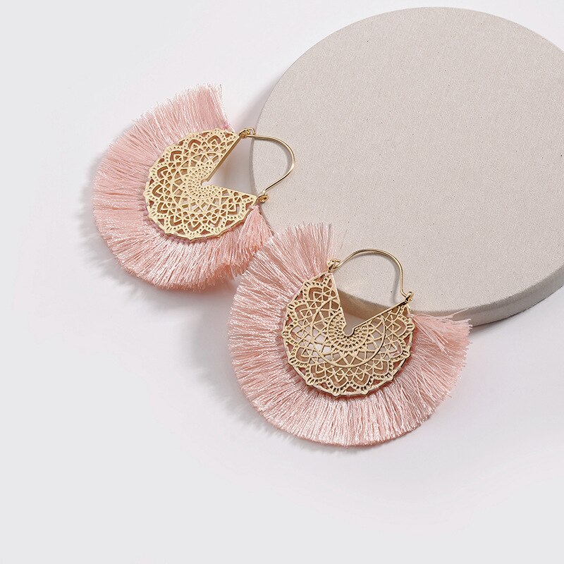 Pendientes bohemios Vintage con forma de abanico para mujer y niña, aretes con flecos, para , boda: pink