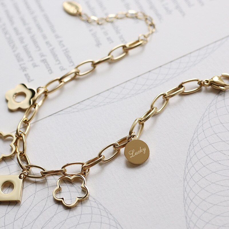 Square daisy charm Stainless steel link chain bracelet bangle gold color for women lucky geometry bracelet