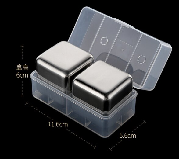 2pcs/box 304 Stainless Steel Round Ice Cubes Whiskey Cooling Stone Quick-frozen Metal Particles Ice Cube Box Wine Set Ice Tartar: 2pcs- Square box