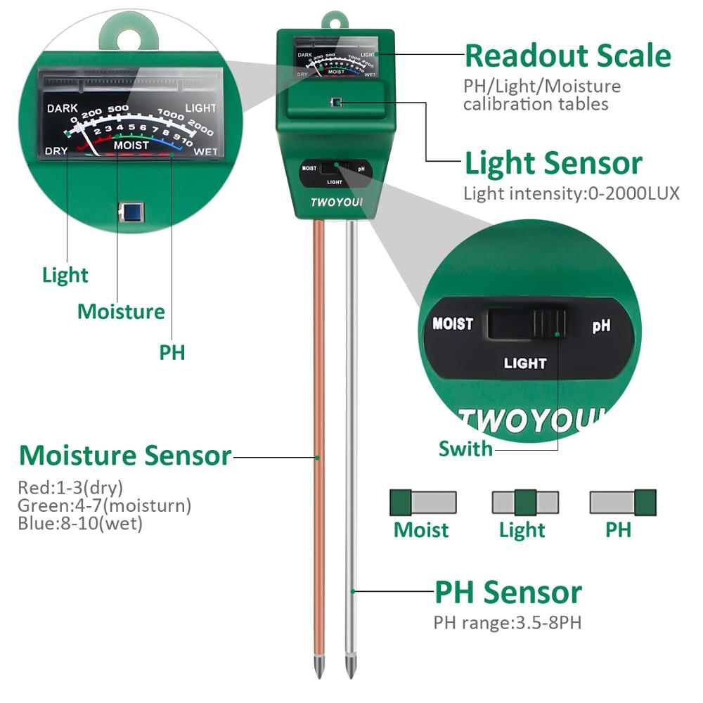 3- i -1 jord ph måler fuktighetssensormåler / sollys / ph jordprøvesett seil ph tester til hjem hage planter gård utendørs bruk