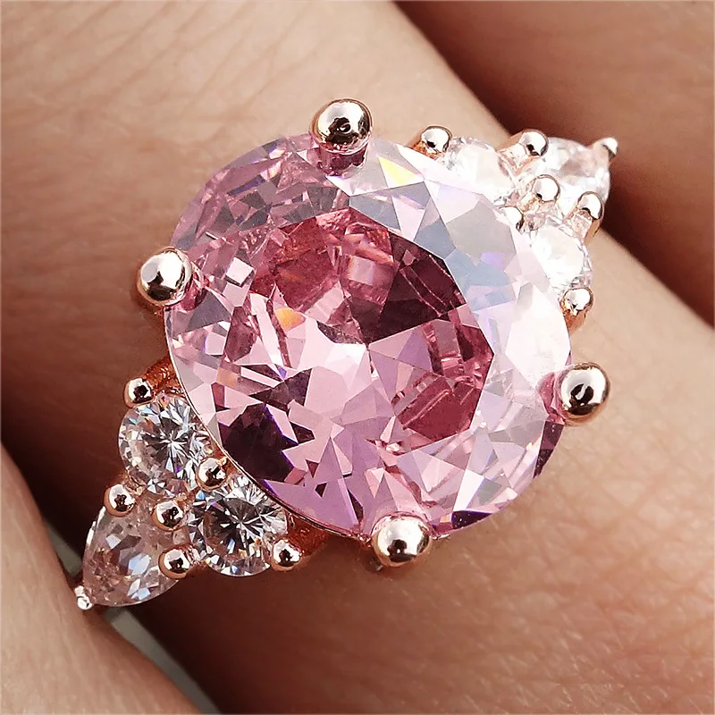 Anillo de circón rosa de piedra ovalada grande, anillos de compromiso de cristal de lujo para mujer, joyería de boda de Color plata y oro rosa Vintage