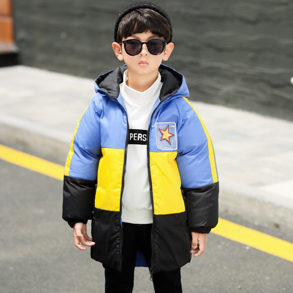 Winter Boys Jacket Cotton-Padded Clothes Warm Children Coat Patchwork Color Hooded Winter Kids Thick Snowsuits