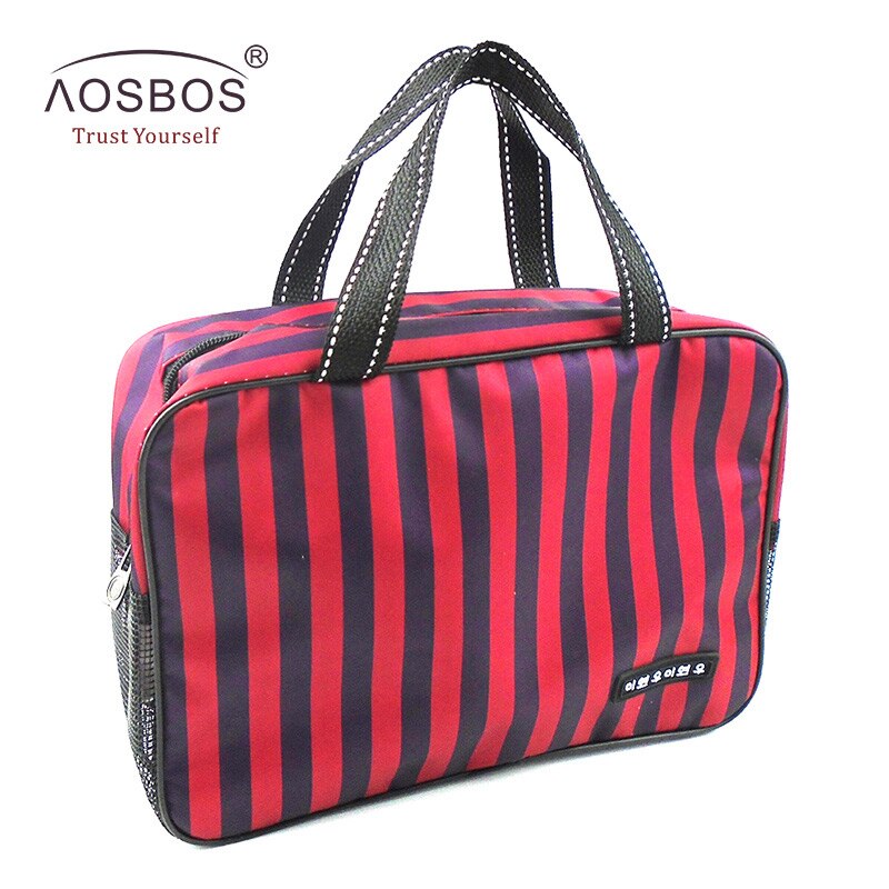 Aosbos Neue Mesh Gestreiften Kosmetik Taschen Große Kapazität Wasserdichte Oxford Toiletten Tasche Tote Frauen Männer Reise Veranstalter Make-Up Tasche: red purple stripe
