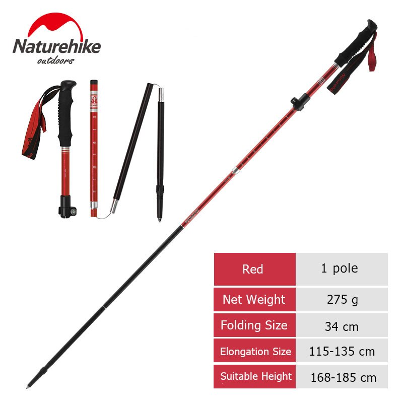 Naturehike Trekking Pole Portable Folding Trekking Walking Stick Telescopic Stick Hiking Stick Aluminium Walking Hiking Poles: Red - 1 pole