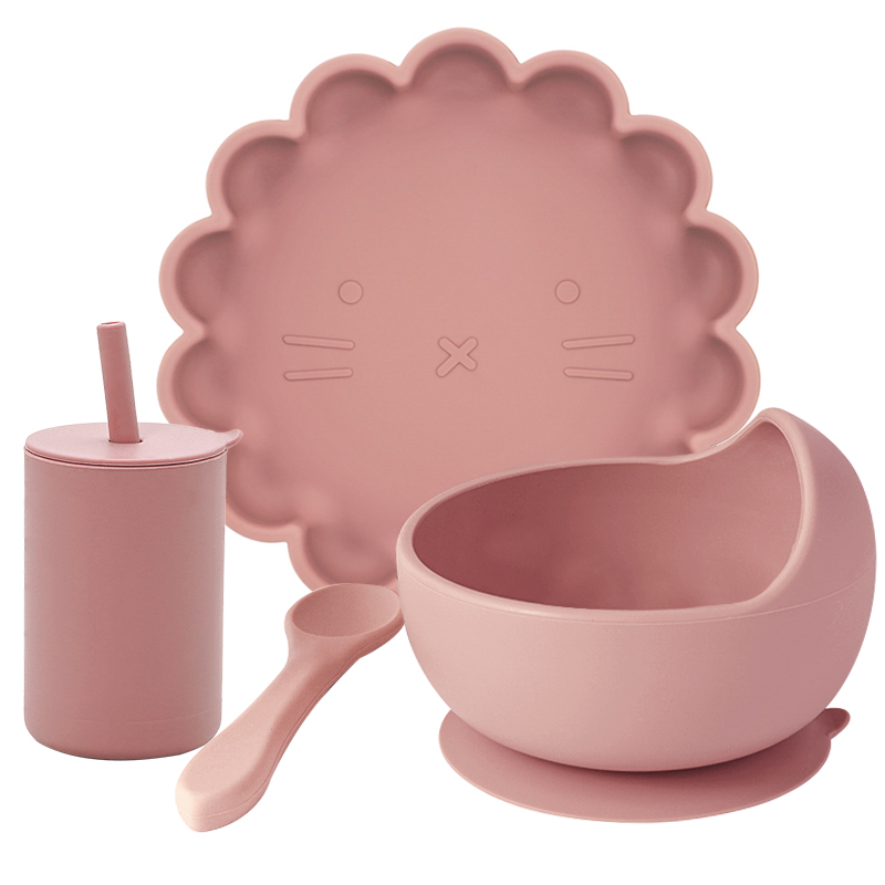 Juego de comida de entrenamiento para niños, cuenco de alimentación para bebé, plato de succión vajilla de silicona de grado alimenticio, taza de paja, artículos para bebé, 4 Uds.