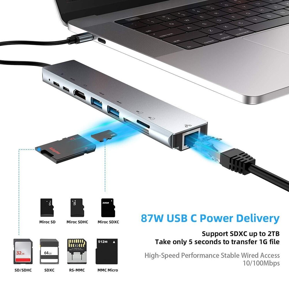 8 em 1 multifuncional tipo-c a 4k hdmi rj45 usb 3.0 tf pd carregador hub adaptador