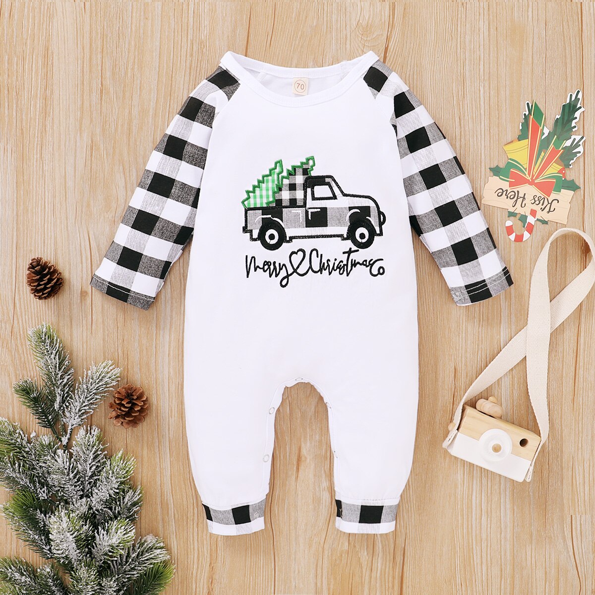 Nyfödda flickor halloween tacksägelse jul jumpsuits rund hals långärmad tecknad rand rutig lång romper overall kläder
