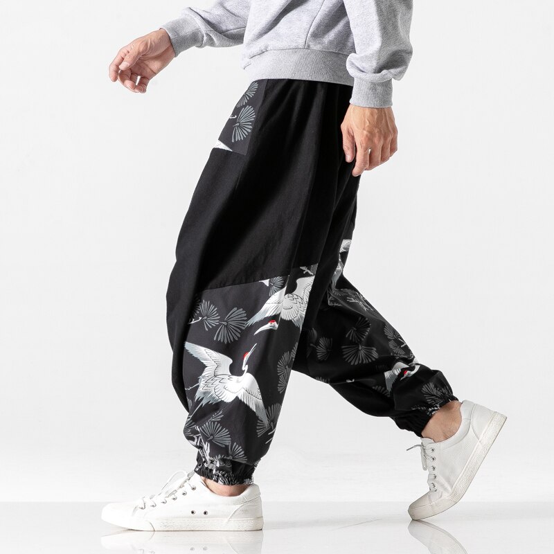 Streetwear herr lösa haremsbyxor man höst kausal baggy traditionella byxor tryck bomull byxor byxor herr
