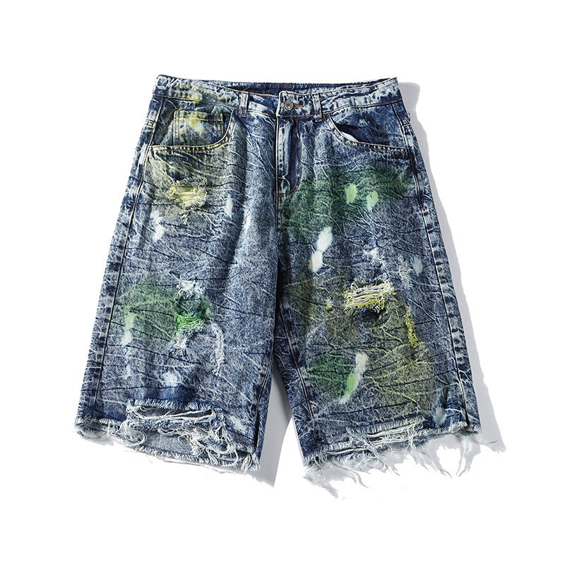 Aolamegs Men's Shorts Street Graffiti Tearing Hole Denim Shorts Men Straight Knee-length Shorts High Street Style men clothing