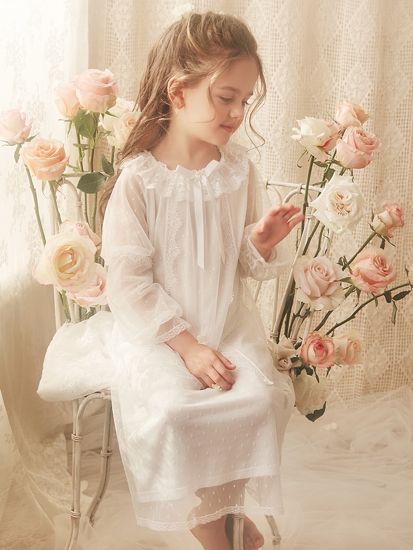 Sweet Princess Nightgown For Girls Long Sleeve Mesh Ruffles Mid Length Bathrobe 2-12y Kid Child Lovely Nightdress Sleeping Dress