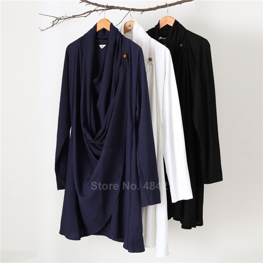 Løs stil plus størrelse mænd kinesiske traditionelle kostumer taichi uniform åndbar v-hals kung fu tang dragt mandlig linned kjole