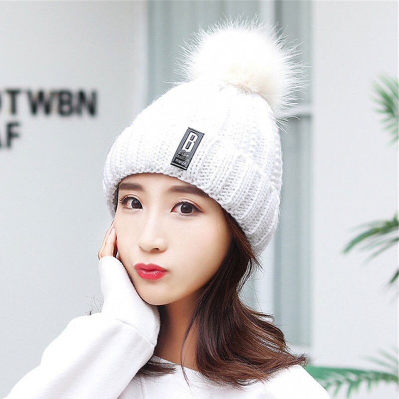 Frauen Dicke Kabel Stricken Hut Schal Weibliche Mützen Plüsch Hut Und Ring Schal Winter Warme Frau Dame Pom Pom kappe Schals Rosa: White Hat