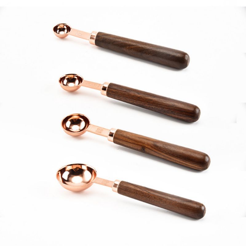 4 tasses à mesurer/cuillères en acier inoxydable | Plaqué cuivre avec poignées en bois: Spoon