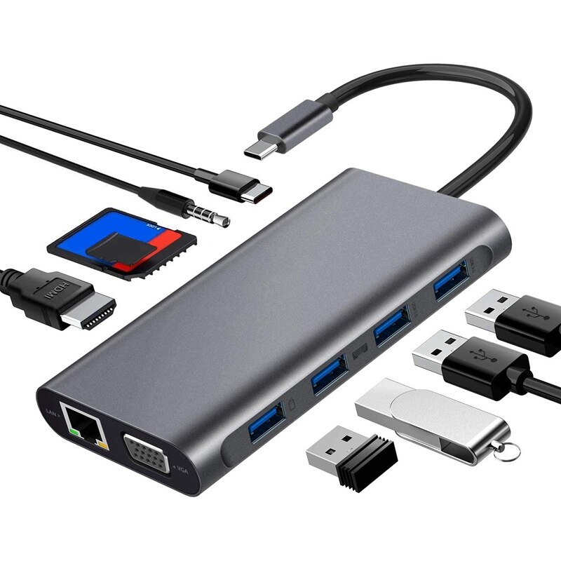 11 In 1 Usb C Hub Met 4 Usb Gigabit Ethernet Vga Hdmi Usb C Met Power Levering Audio Poort sd En Mini Sd-kaart
